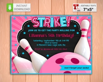 Printable invitation Bowling party pink in PDF with Editable Texts, Bowling party for girl Invitation, edit and print yourself!