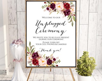 Unplugged Ceremony Sign, Unplugged Wedding Sign, Unplugged Sign, Marsala Sign, No Cameras Sign, No Cell Phone Sign, Printable Wedding Sign