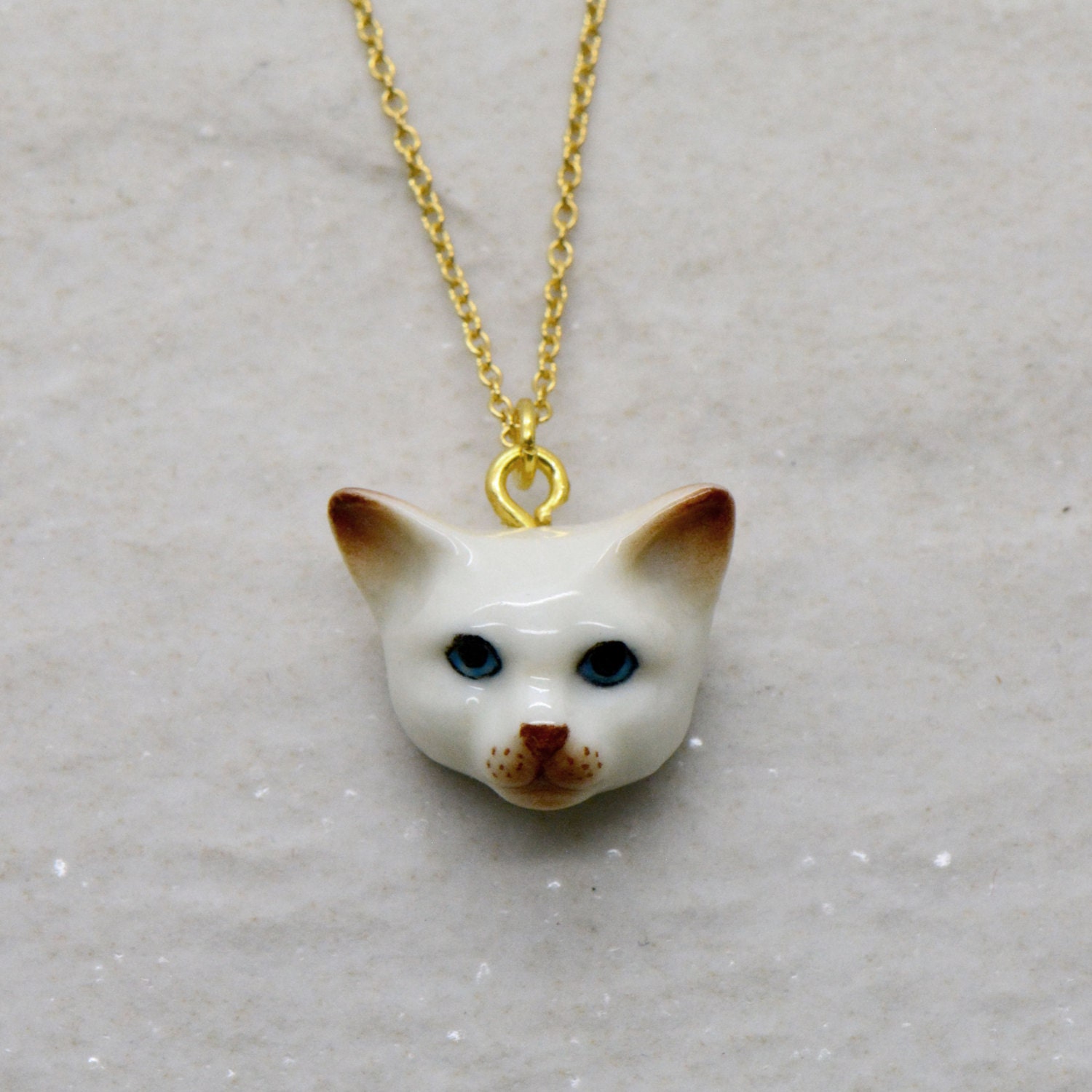 Hand Painted Porcelain Cat Head Necklace 18 Inch Chain