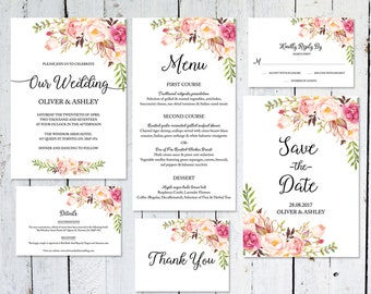 Wedding Invitation Set, Boho, Save The Date, Floral, Watercolor, RSVP Card, Details Card, Printable Invitation, Wedding Suite, Menu