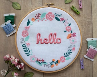 Hello Floral Wreath Modern Cross Stitch Pattern PDF, Flower Embroidery, Floral Pattern, Welcome Sign Chart, Baby Announcement, Hoop Art