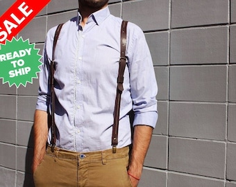 Sale Leather suspenders, men's suspenders, brown leather braces, wedding suspenders, mens braces, handmade suspenders men