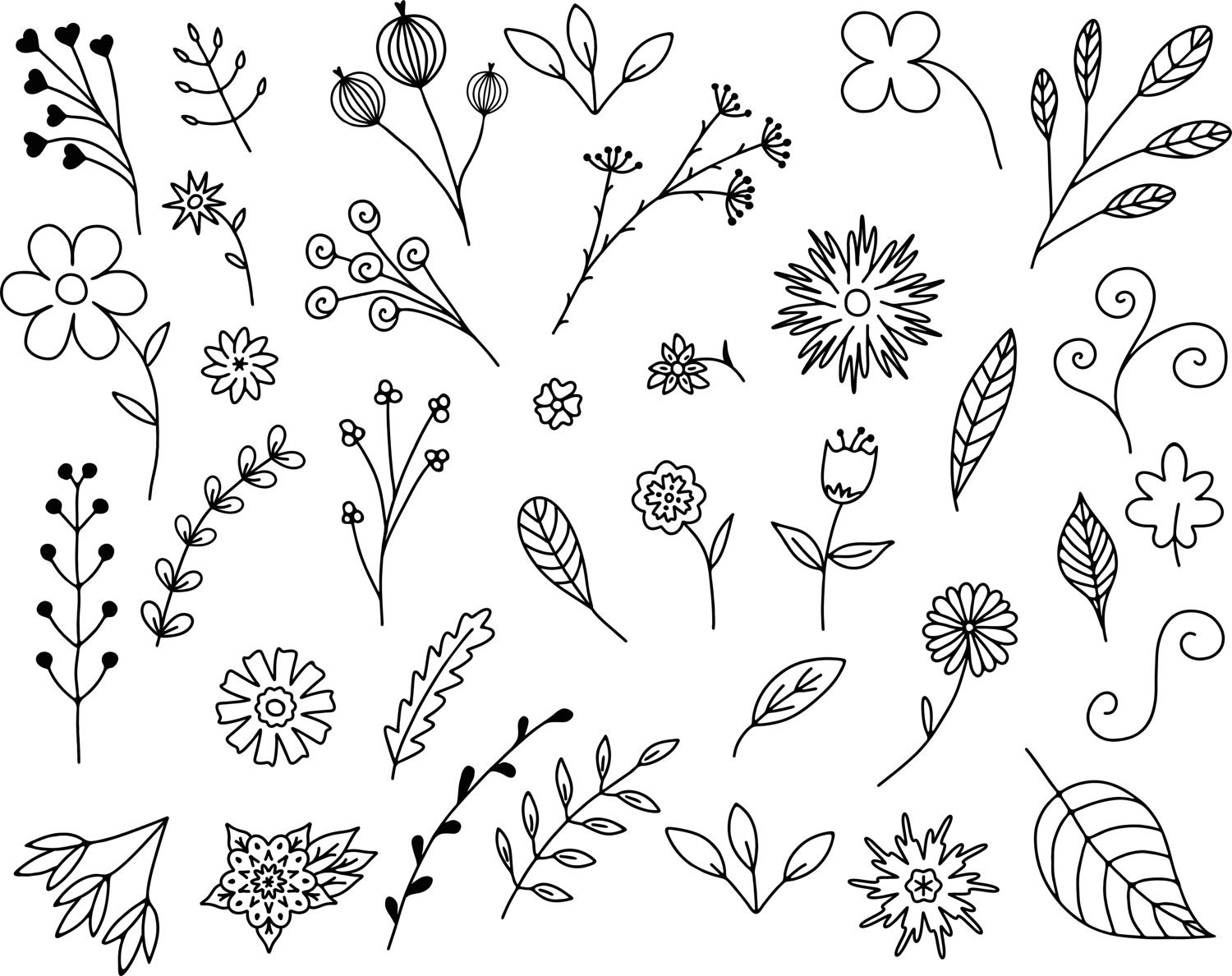 35 Floral Doodles Vector Pack Hand Drawn Doodle Clipart