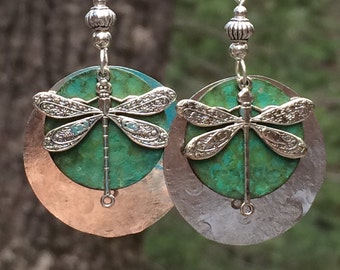 Unique dragonfly earrings, hammered metal, Silver dragonfly earrings, unique dragonfly earrings, patina