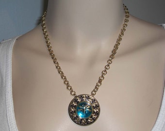 Vintage Czech Glass Button Pendant on 18" GF Chain