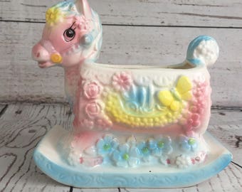 INARCO Japan Baby Rocking Horse Ceramic Planter, Vintage Planter, 1960s, Pottery, E-6040, Pastel Baby Planter, Nursery Decor, Shower Gift