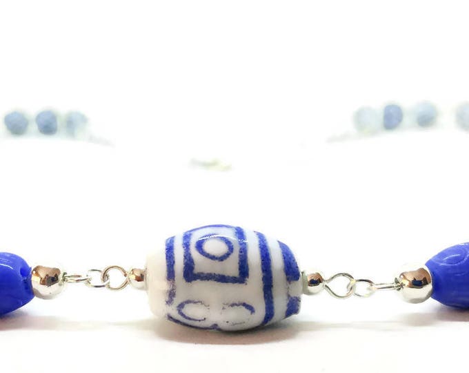 Blue and White Porcelain Bead Statement Necklace, Beaded Statement Necklace, Blue & White Porcelain Bead Necklace, Unique Birthday Gift,N017