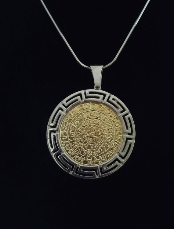 Pendant phaistos disc meander golden sterling silver greek