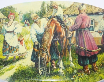Gift/for/horse lover vintage art ceramic vintage wall art cossacks Ukrainian painting horse art unique art vintage prints vintage decor oval