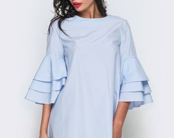 Summer dress light blue Cotton dress casual wear Midi dress short sleeve Spring knee-length dress Light pink Women's dress sleeves volant
