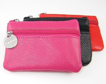 Personalized Leather Coin Purse, Custom Change Wallet ID Card Zip Pouch, Engraved Red Hot Pink Black Gift for Her