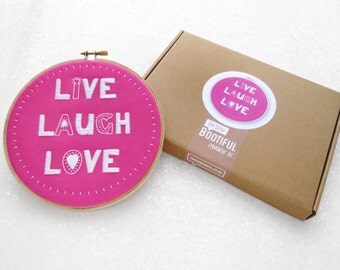 Live, Laugh, Love Hoop Art Kit, Mothers Day Embroidery Kit, Beginners Needlecraft Kit, Easy Needlework Set, Pink Mothers Day Gift Ideas
