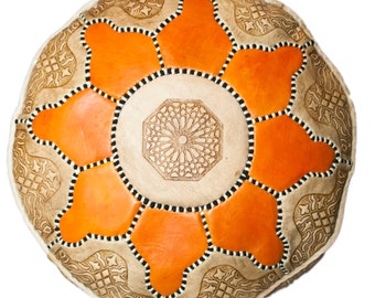 Moroccan Leather Pouffe, Orange Flower Leather Pouf | Leather Ottoman | Leather Footstool | Storage Pouffe | Art Deco Furniture