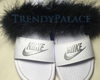 Nike- Slides-Custom Slides- Nike Slides- Fur Slides- Furry Slides- Nike Fur Slides- Custom Nike Slides-Bling Nike Slides- Fuzzy Slides