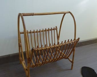 Magazine rack bamboo and rattan, 1960s vintage