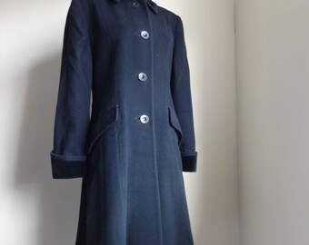 Vintage Austin Reed Coat. Black cashmere, wool and velvet, long line fit and flare. Single Breasted. UK 12.