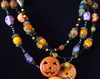 Jack~O~Lantern Pumpkin Beaded Necklace