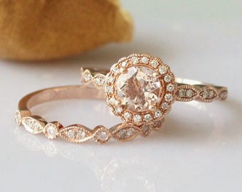 Vintage Rings!!! Rose Gold Ring Set 6mm Round Morganite Ring 14k Rose Gold Engagement Ring Morganite Engagement Ring Morganite Wedding Ring