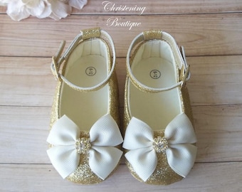 Christening Shoes - Gold Christening Shoes - Baby Girl Christening Shoes - Baptism Shoes Girl, Flower Girl Shoes, Ivory and Gold Baby Shoes