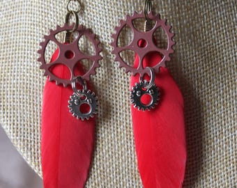 steampunk gears "3" with feather earrings