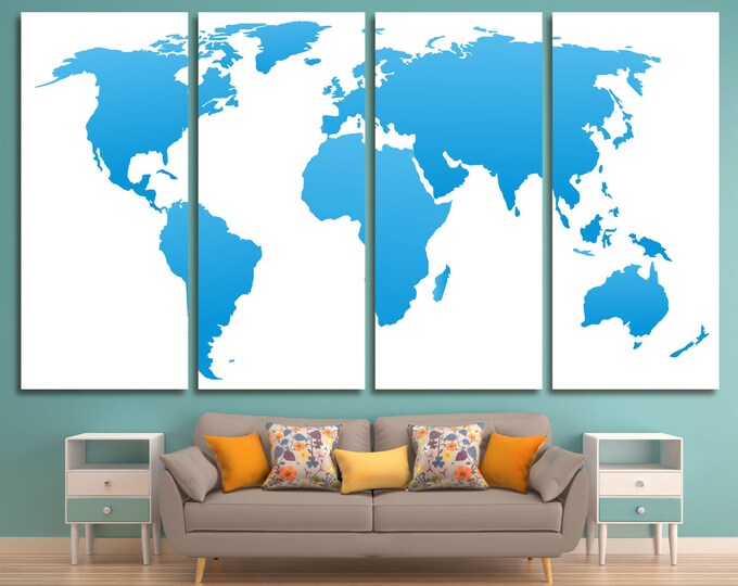 Extra Large Blue World Map Canvas Print, blue map canvas, wall mounted world map for office, bedroom or living room decoration, aqua map