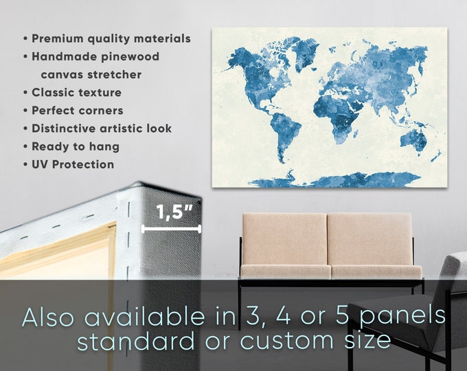 Blue Watercolor World Map Print Set. Abstract World Map Print blue map / 1,2,3,4 or 5 Panels on Canvas Wall Art for Home & Office Decoration