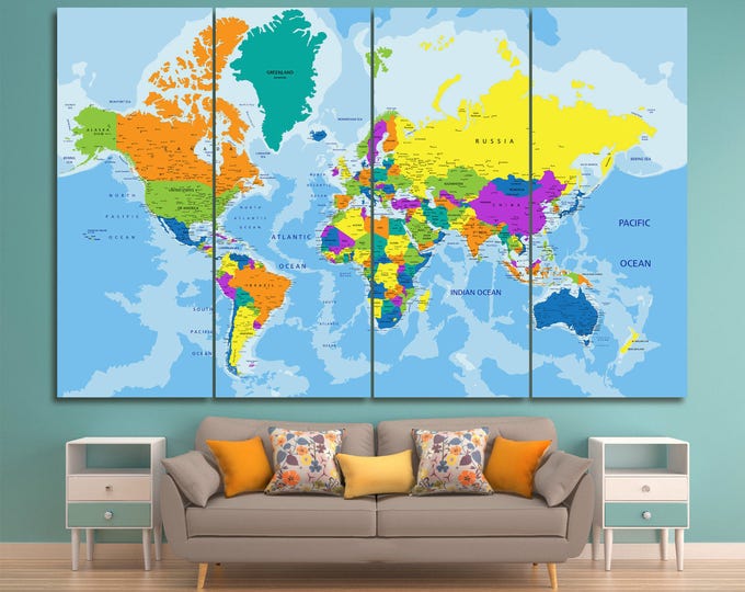 Large colorful world map with country names, push pin travel map of the world, colorful atlas world map wall art decor, travel map wall art