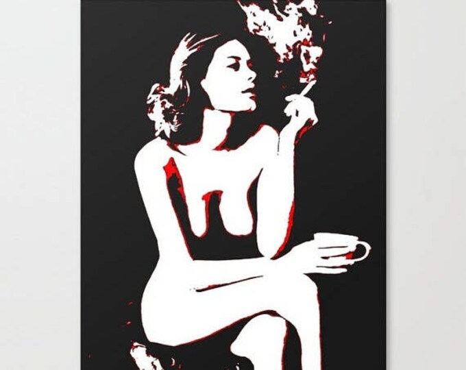 Erotic Art Canvas Print - Sex coffee & cigarette, unique sexy conte style drawing, perfect shapes girl pop art, sensual high quality artwork