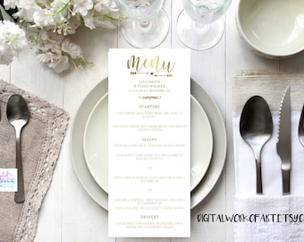 Wedding Menu Template, Gold, Printable Wedding Menu, DIY Rustic Wedding, Table Menu Card, Reception Card, Editable PDF Template,Calligraphy