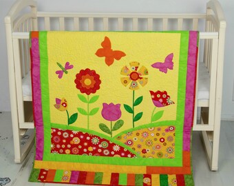 Baby Girl Quilt, Flower Quilt, Baby Shower, Gift Idea, Applique Quilt, Nursery Décor, Nursery Bedding, Pink, Crib Quilt, Butterfly, Flannel