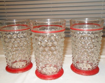 Three Hobnail 6oz Tumblers Red Trim Anchor Hocking Red Bakelite