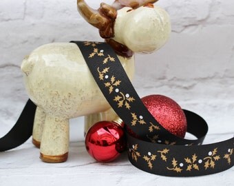 2 Meters Christmas Ribbon, Christmas In July, Black Ribbon, Woven Cotton Ribbon, Guft Wrap, 25mm Ribbon, Craft Ribbon, Holly Ribbon,