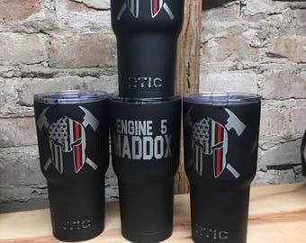 SALE! Spartan Helmet Distressed Red Line Powder Coated 30 oz. RTIC Firefighter- Axes- Engraved- Medic - EMT Cup