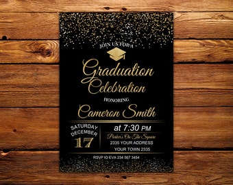 Graduation Celebration Invitation. Black background Graduation Invitation. Confetti Graduation. Black, White & Gold Graduation Invitation.
