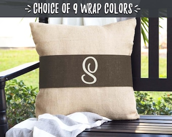Farmhouse Style Gifts, Monogram Pillows, Burlap Pillow Wrap, Pillow Covers with Brown Accent, Housewarming Gift Ideas for Couple, 508024790