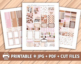 COFFEE & BOOKS Printable Planner Stickers/for use with Erin Condren/Weekly Kit/Silhouette Cutfiles/Rose Gold Marble Books Coffee Blush