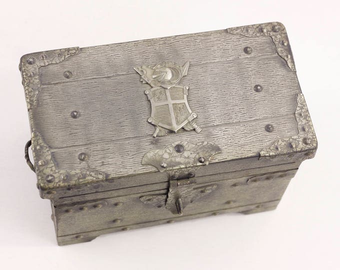 Vintage jewelry box, medieval themed trinket box, small metal treasure chest with coat of arms, vintage reproduction, jewelry box for kids