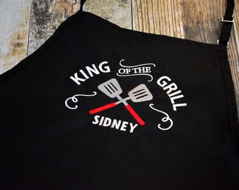 King of the Grill Personalized Apron - Available in Black, White, Blue, Green, Red and more colors of Aprons - BBQ Men's Apron