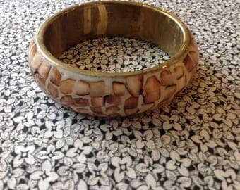 Vintage Brass Bangle Bracelet with Shell Inlay in Mosaic Pattern