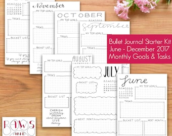 PRINTABLE Bullet Journal Starter Kit • Monthly Goals and Task Pages • June to December 2017 • Hand Drawn Instant Download • Monthly Planner