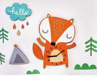 fox clock/diy kit fox decal wall clock/baby wall clock/kids wall clock/wall decor clock/clock wall decor/nursery wall decor/cute decal wall