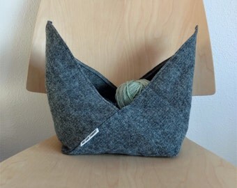 Small flannel project bag grey and black herringbone flannel bento bag knitting crochet needlework project bag storage organization
