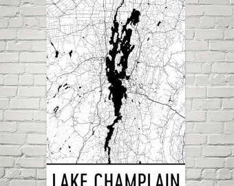 Lake Champlain Vermont, Lake Champlain VT, Vermont Map, Vermont Decor, Lake Map, Champlain NY Lake Art, Art, Cottage Decor, Champlain NY