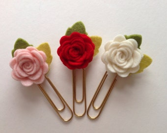Felt Roses Flower Planner Clips ~ Die Cut Shapes 100% Wool Felt Red Pink and Cream ~ Valentines Gift Set of 3 Planner Accessories