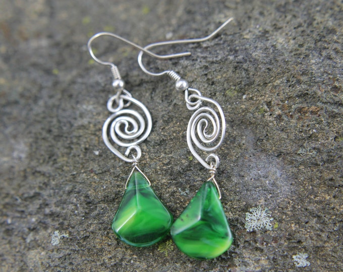 Sterling Silver Spiral Swirl with Green Triangle Bead, Geometric Dangle Earrings, Wire Wrap Jewelry, Unique Boho Hippie Gift for Her