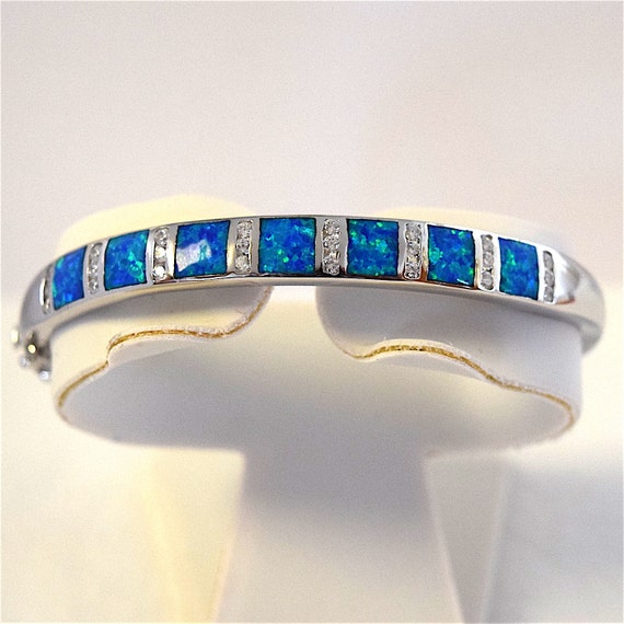Opal Bracelet Opal Bangle Sterling Silver Blue Opal Inlay W.