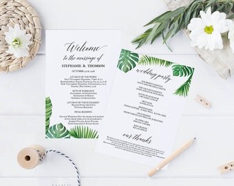 Printable Wedding Program, Wedding Program Template, Tropical Wedding, Ceremony Printable Template, Editable PDF Instant Download #E027