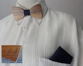 Walnut wood bow tie + blue pocket hanky, personalized with name engraved