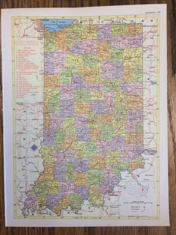 Indiana or Iowa Large Map 1955 Hammond's New Supreme