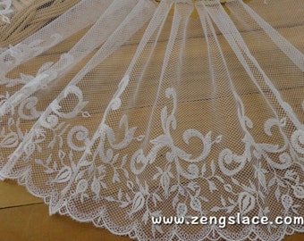 Ivory mesh lace trim embroidered with rosebuds and vines, bridal lace, soft lace, about 7 1/4 inches wide, lace by the yard. ee-23-01